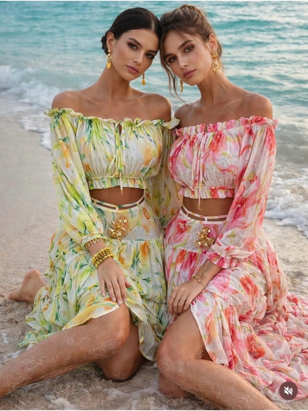 Floral Off-Shoulder Two-Piece Set in Yellow & Pink